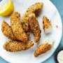Sesame-crunch fish fingers with broad bean and yoghurt sauce