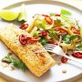 Sesame salmon with ginger rice noodles