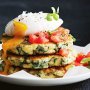 Silverbeet and artichoke fritters with poached egg