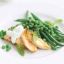Smoked chicken with minted peas and beans