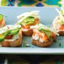 Smoked salmon crostini with cucumber and pear pickle