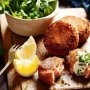 Smoked trout fishcakes with pea & watercress salad
