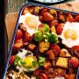 Smoky root vegie hash with eggs and beans