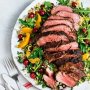 Smoky Southern-style beef with freekeh and cranberry salad