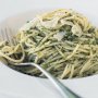 Spaghetti with olive and mint pesto