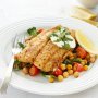 Spice-crusted fish with lemon and spinach chickpeas