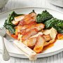 Spiced pork sirloin with chickpea cream and quick braised kale
