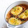 Spiced root vegetable soup with giant cheesy croutons