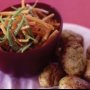 Spicy chicken bites with carrot & snow pea salad