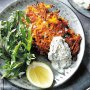 Spicy sweet potato and carrot fritters with kale and yoghurt dressing
