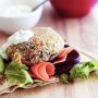 Spinach and salmon burgers with tzatziki