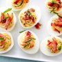 Sriracha devilled eggs with candied bacon