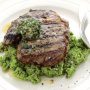Steak with anchovy butter & smashed peas