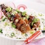 Sticky plum pork kebabs with green onion rice