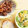 Sticky pork skewers with orange and spinach couscous