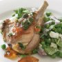 Sticky veal cutlets with pea, mint and feta salad