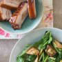 Stir-fried gai lan with garlic, ginger and char sui pork