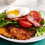 Sweet potato hash brown with tomato, bacon and egg