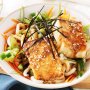 Teriyaki tofu with warm udon and seaweed salad