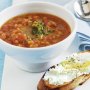 Tomato & red lentil soup with feta & olive oil crostoli