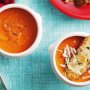 Tomato soup with cheese & sausage toasts