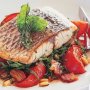 Vine-ripened tomatoes and baby spinach salad with barramundi fillet