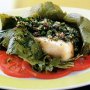 Vine leaf-wrapped swordfish with capers & herbs