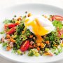 Warm lentil salad with poached egg & pesto