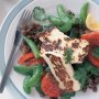 Warm lentil & sugar snap salad with haloumi