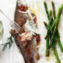 Whole baked trout with chargrilled asparagus and herbed mayonnaise