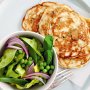 Zucchini and mint ricotta pancakes with pea salad