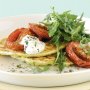 Zucchini & corn pancakes with roasted tomatoes & dill cream