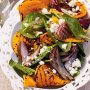 Barbecued pumpkin, red onion and spinach salad