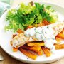 Fish and chips with lemon-yoghurt dressing