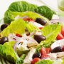 Greek salad with smoked chicken and eggplant