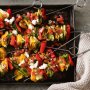 Vegetable ribbon skewers with tomato salsa