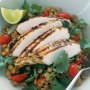 Barbecued lime and coriander chicken breasts with lentil salad