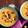 Pumpkin and apple cider soup with apple and bacon croutons