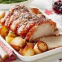 Crispy Christmas roast pork with spiced cherry port sauce