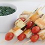 Haloumi, zucchini and grape-tomato skewers with basil oil